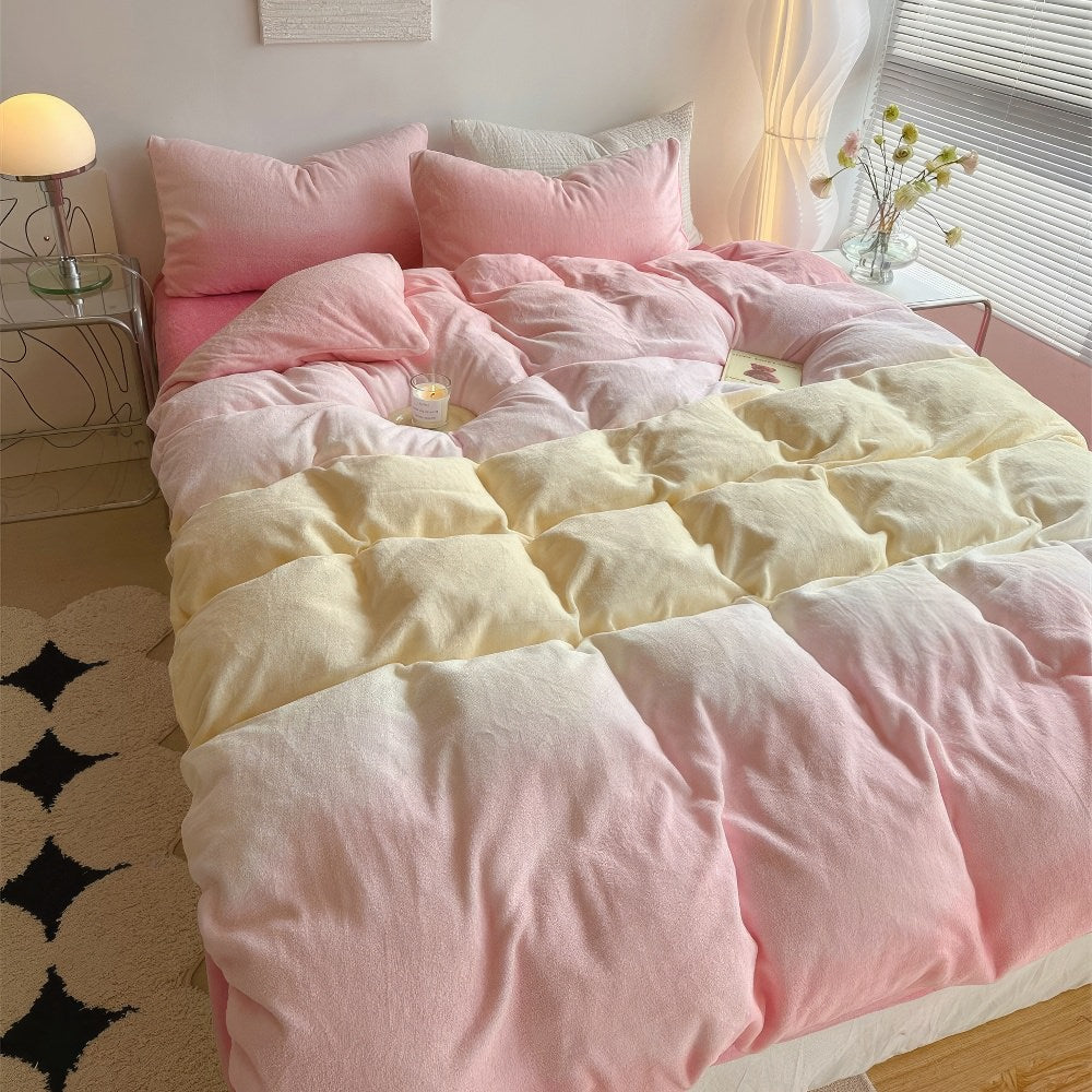 fluffy soft fleece fabric bedding duvet cover set with pastel pink to yellow gradient color print