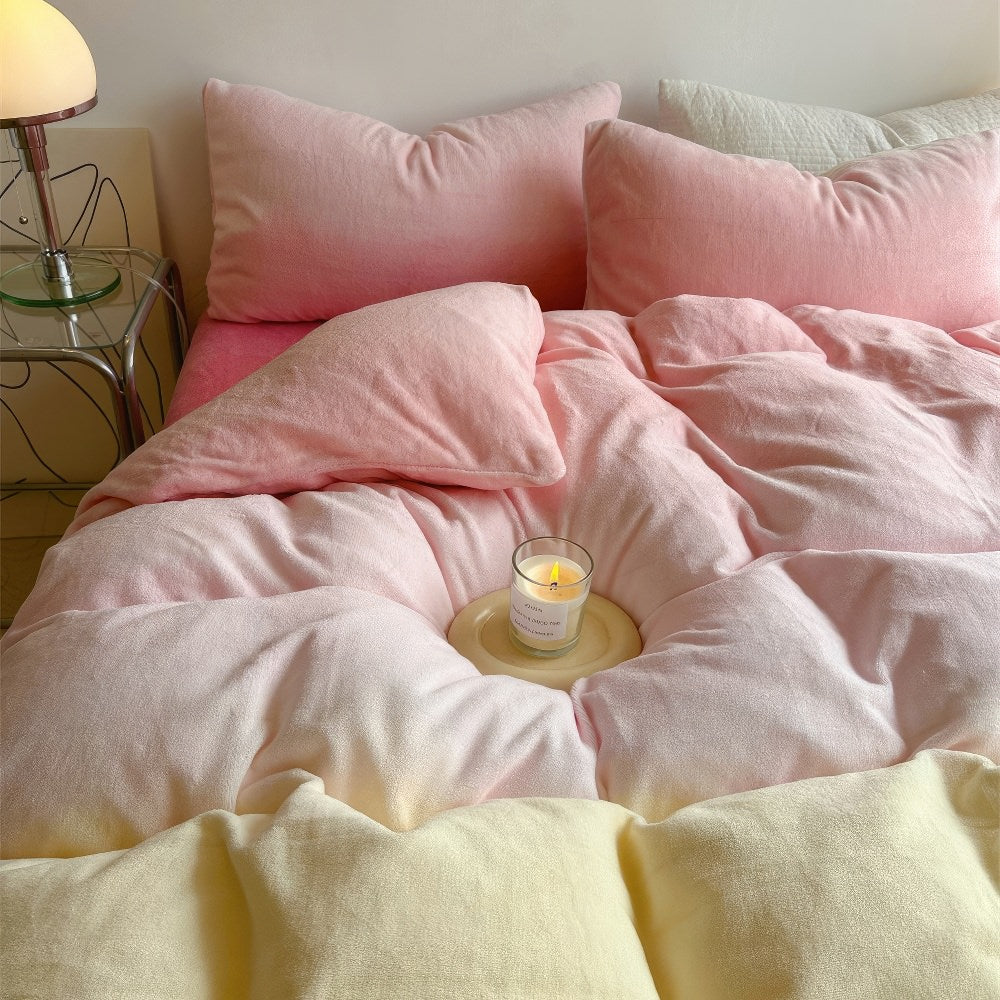 fluffy soft fleece fabric bedding duvet cover set with pastel pink to yellow gradient color print