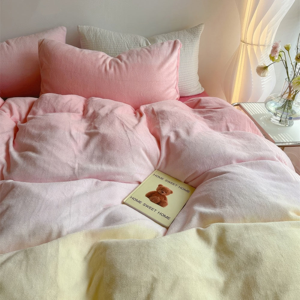 fluffy soft fleece fabric bedding duvet cover set with pastel pink to yellow gradient color print