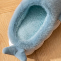 blue plush shark slippers with cartoon design and soft cushioned sole shark slides