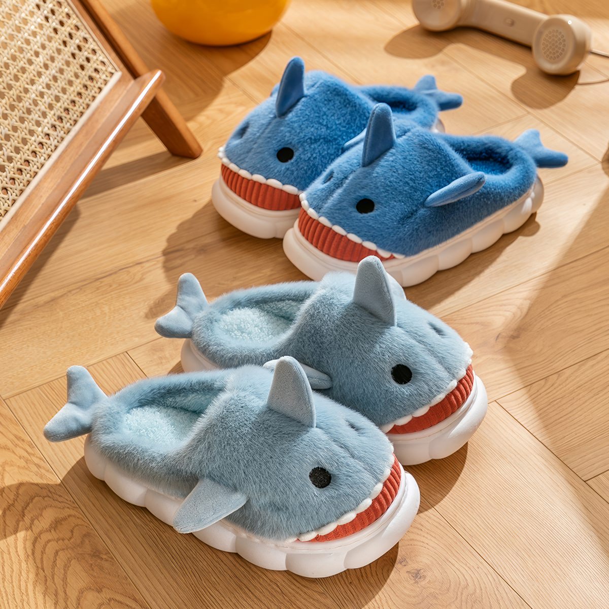 blue plush shark slippers with cartoon design and soft cushioned sole shark slides
