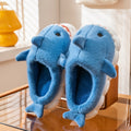 blue plush shark slippers with cartoon design and soft cushioned sole shark slides