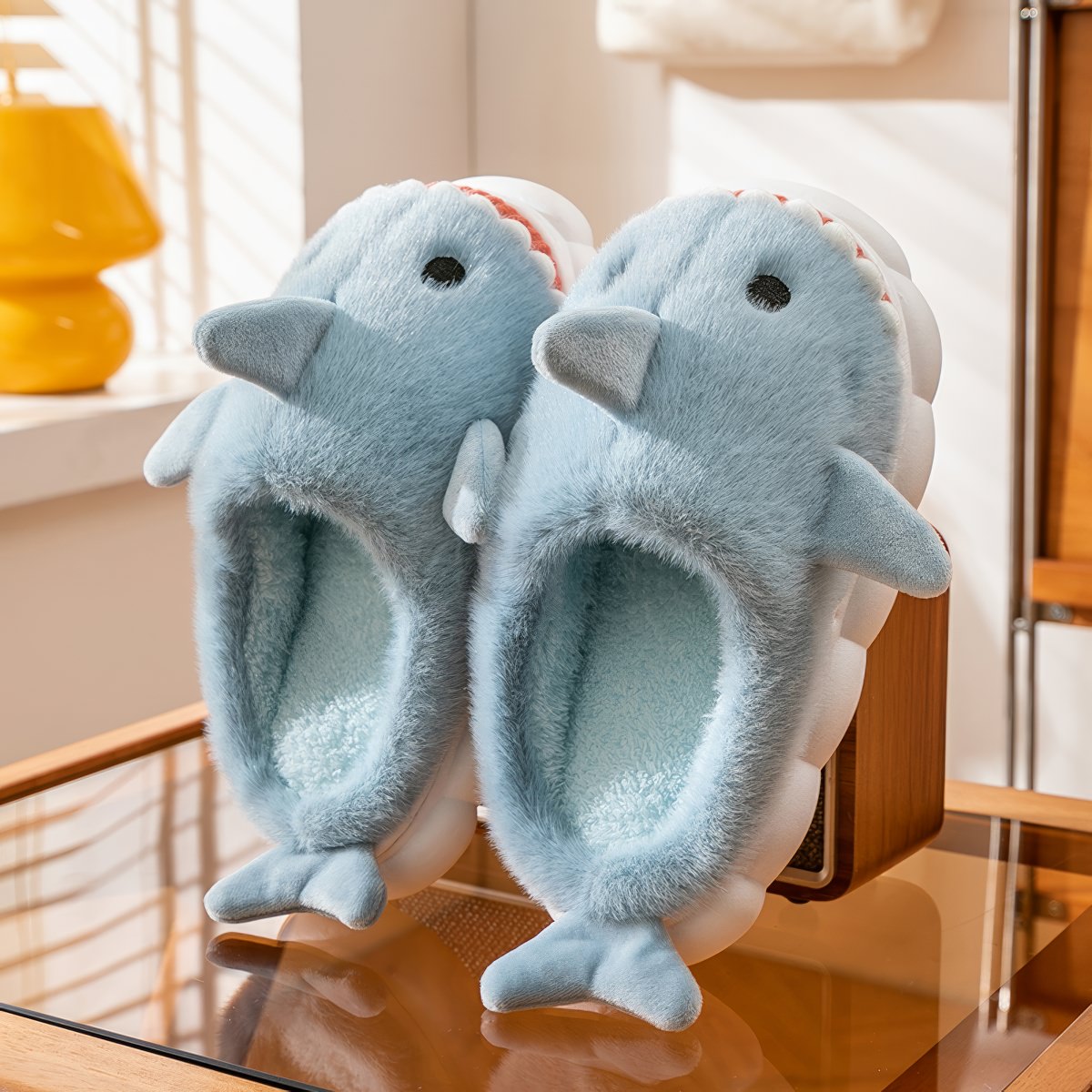 blue plush shark slippers with cartoon design and soft cushioned sole shark slides