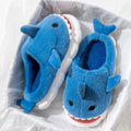 blue plush shark slippers with cartoon design and soft cushioned sole shark slides