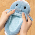 blue plush shark slippers with cartoon design and soft cushioned sole shark slides
