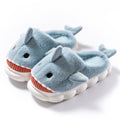 blue plush shark slippers with cartoon design and soft cushioned sole shark slides