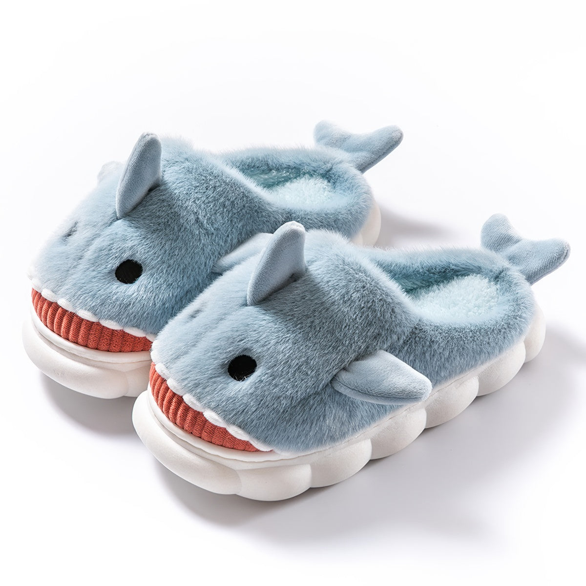 blue plush shark slippers with cartoon design and soft cushioned sole shark slides
