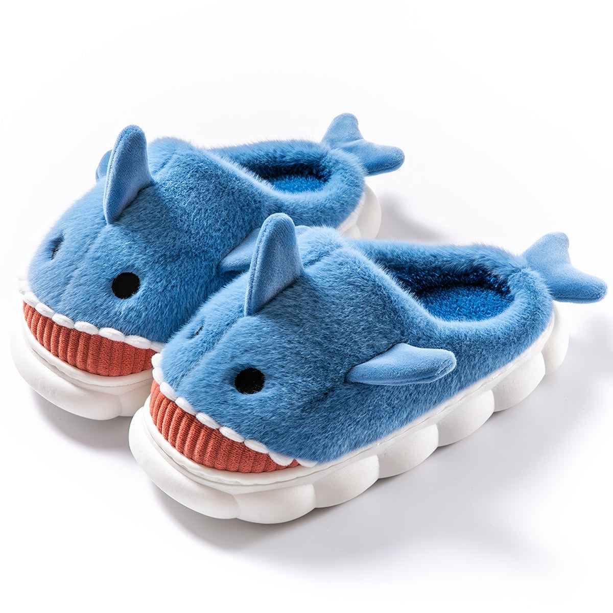blue plush shark slippers with cartoon design and soft cushioned sole shark slides