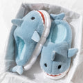 blue plush shark slippers with cartoon design and soft cushioned sole shark slides