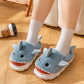 blue plush shark slippers with cartoon design and soft cushioned sole shark slides