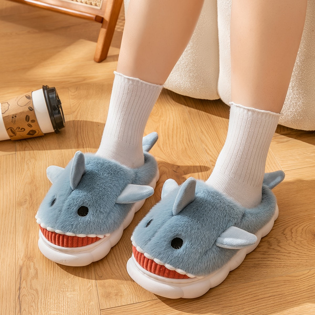 blue plush shark slippers with cartoon design and soft cushioned sole shark slides