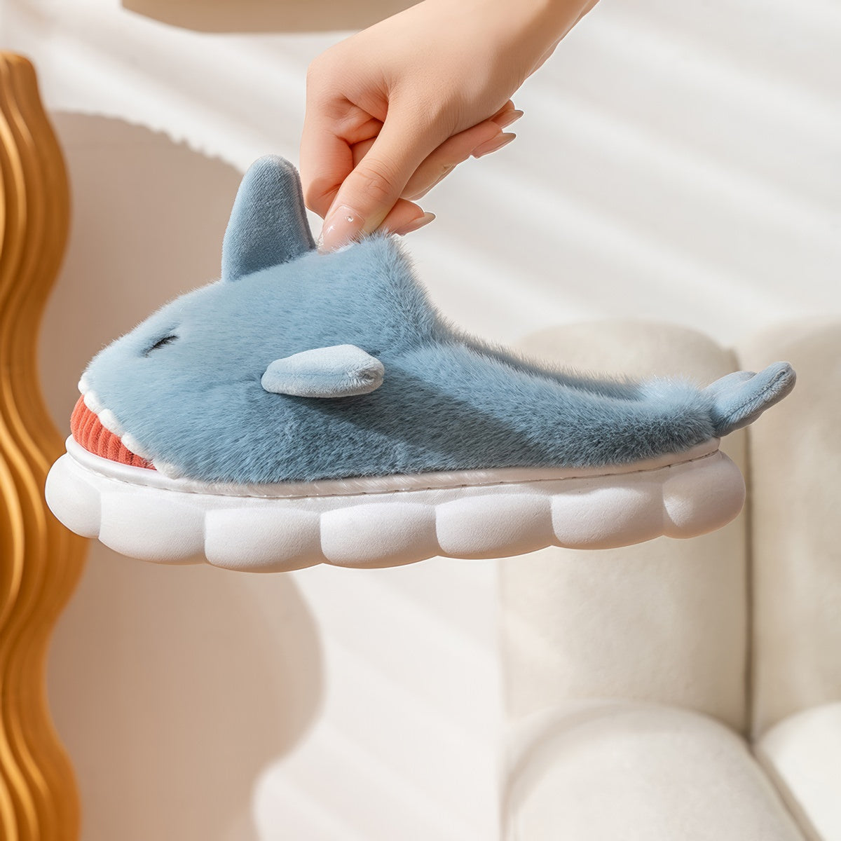 blue plush shark slippers with cartoon design and soft cushioned sole shark slides