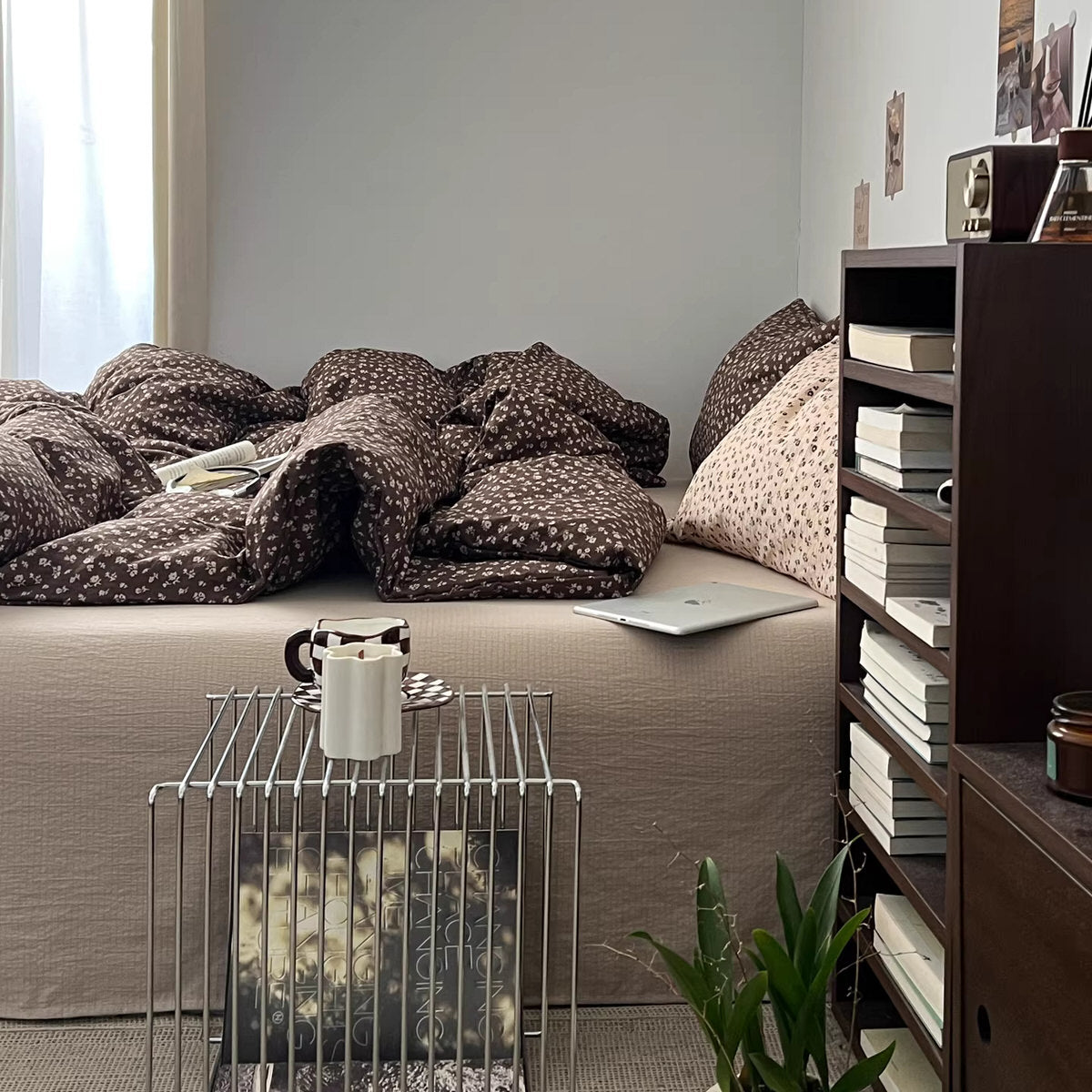 brown floral bedding set with small ivory flowers and soft textured fabric duvet cover