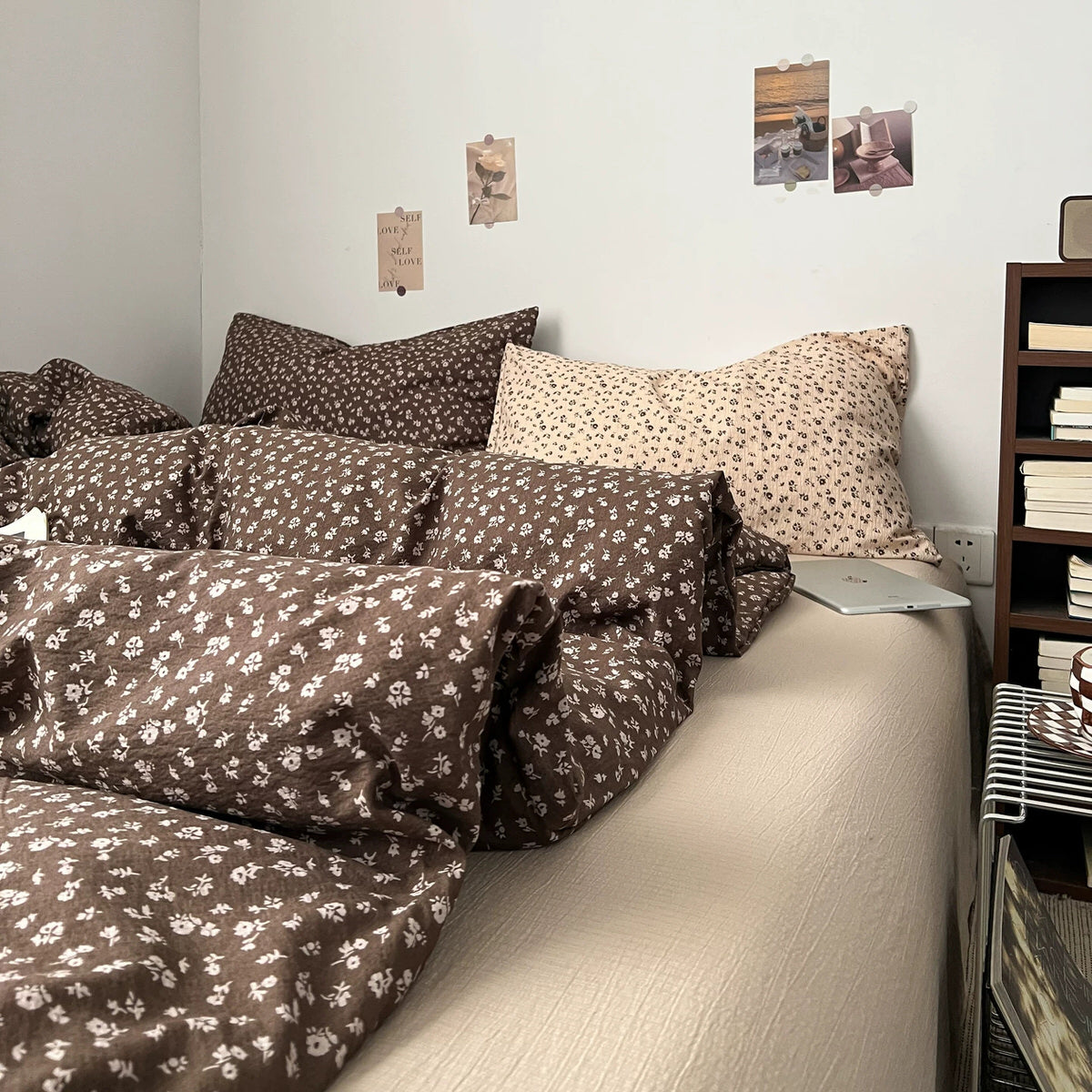 brown floral bedding set with small ivory flowers and soft textured fabric duvet cover