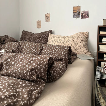 brown floral bedding set with small ivory flowers and soft textured fabric duvet cover