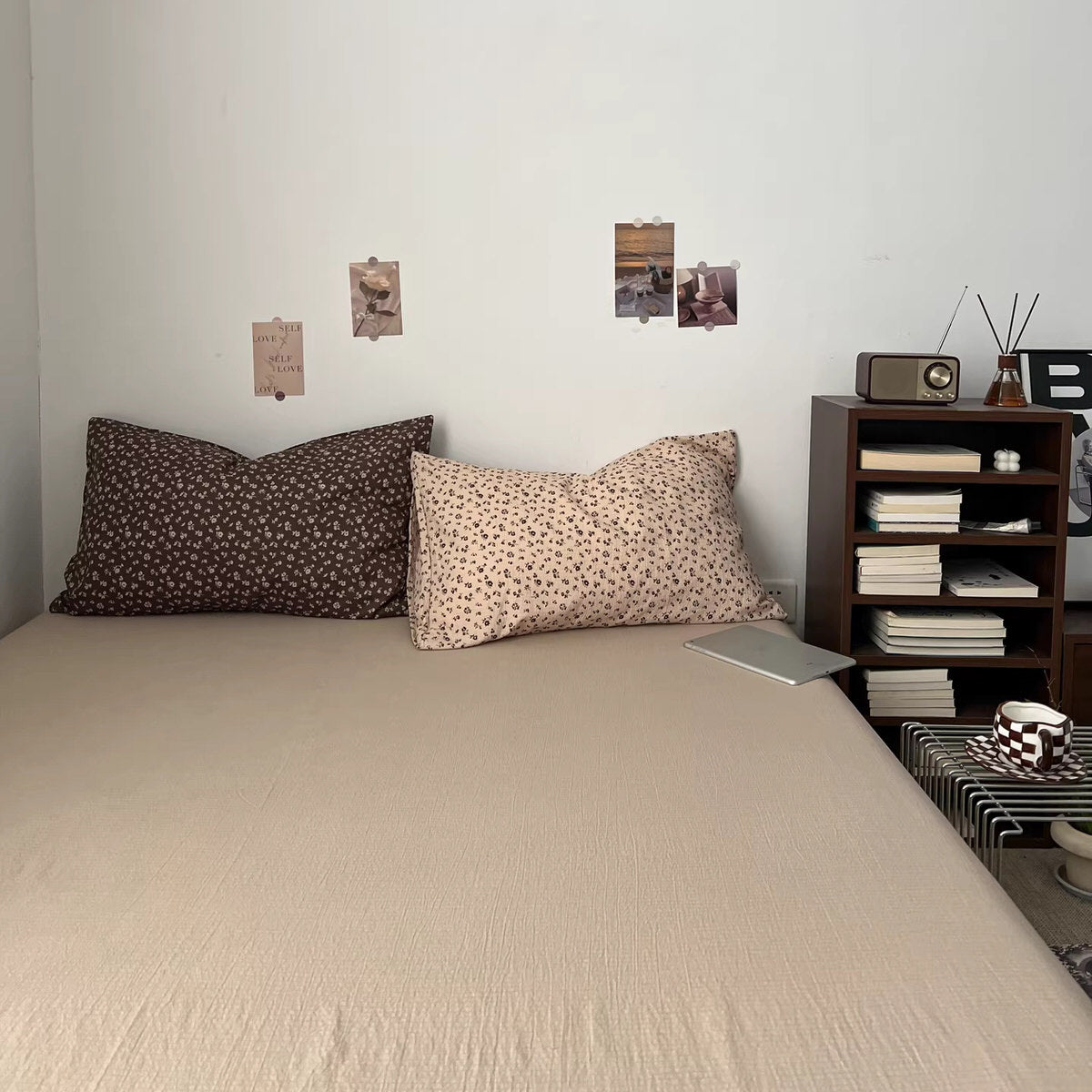 brown floral bedding set with small ivory flowers and soft textured fabric duvet cover