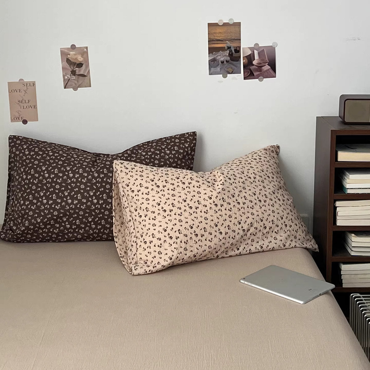 brown floral bedding set with small ivory flowers and soft textured fabric duvet cover