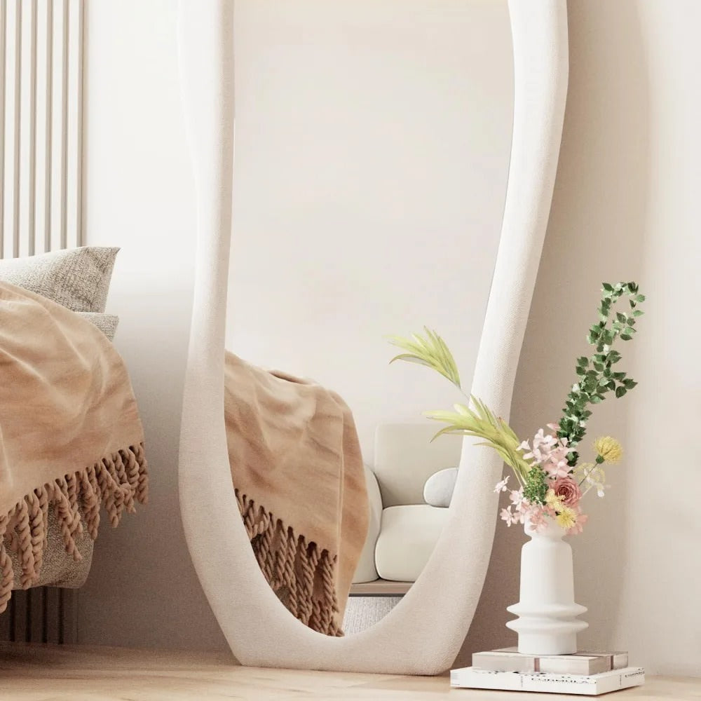 full length free standing floor mirror irregular blob shaped and flunnel fabric upholstery 