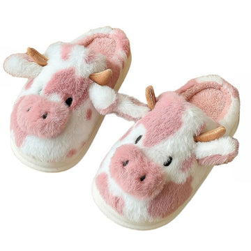 cute and aesthetic furry cow shaped plush house slippers