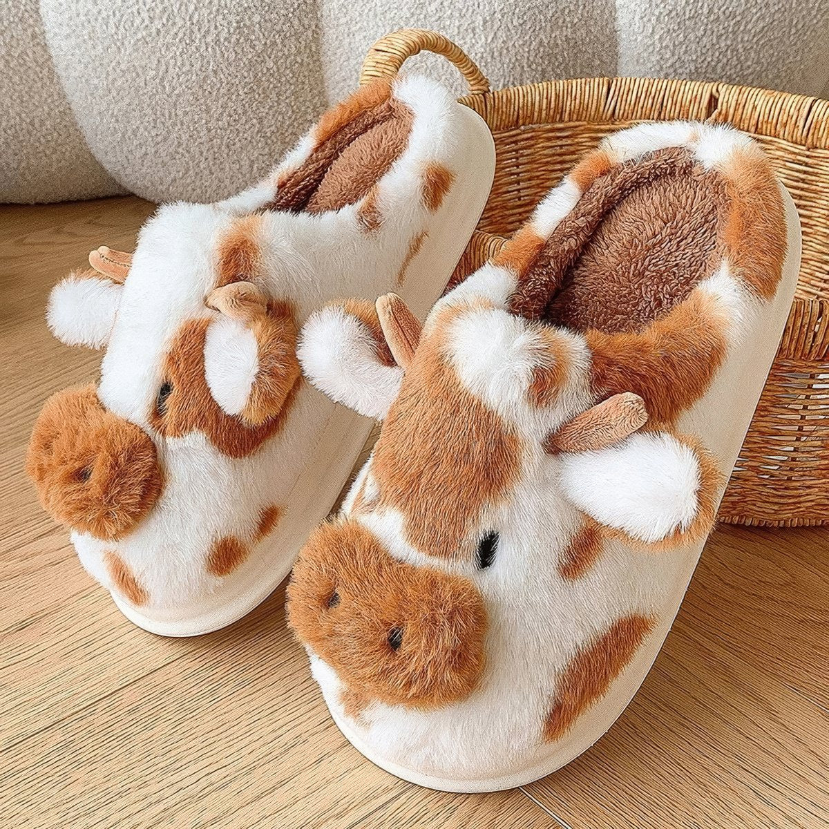 cute and aesthetic furry cow shaped plush house slippers