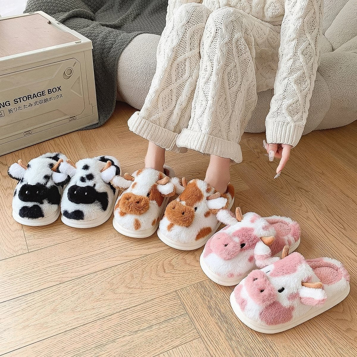 cute and aesthetic furry cow shaped plush house slippers