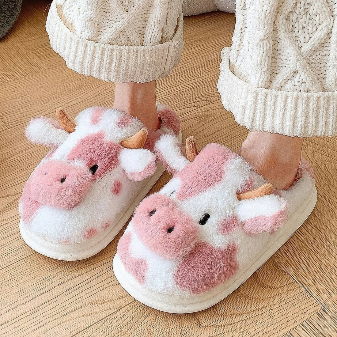 cute and aesthetic furry cow shaped plush house slippers