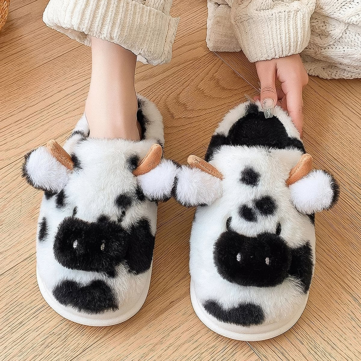 cute and aesthetic furry cow shaped plush house slippers