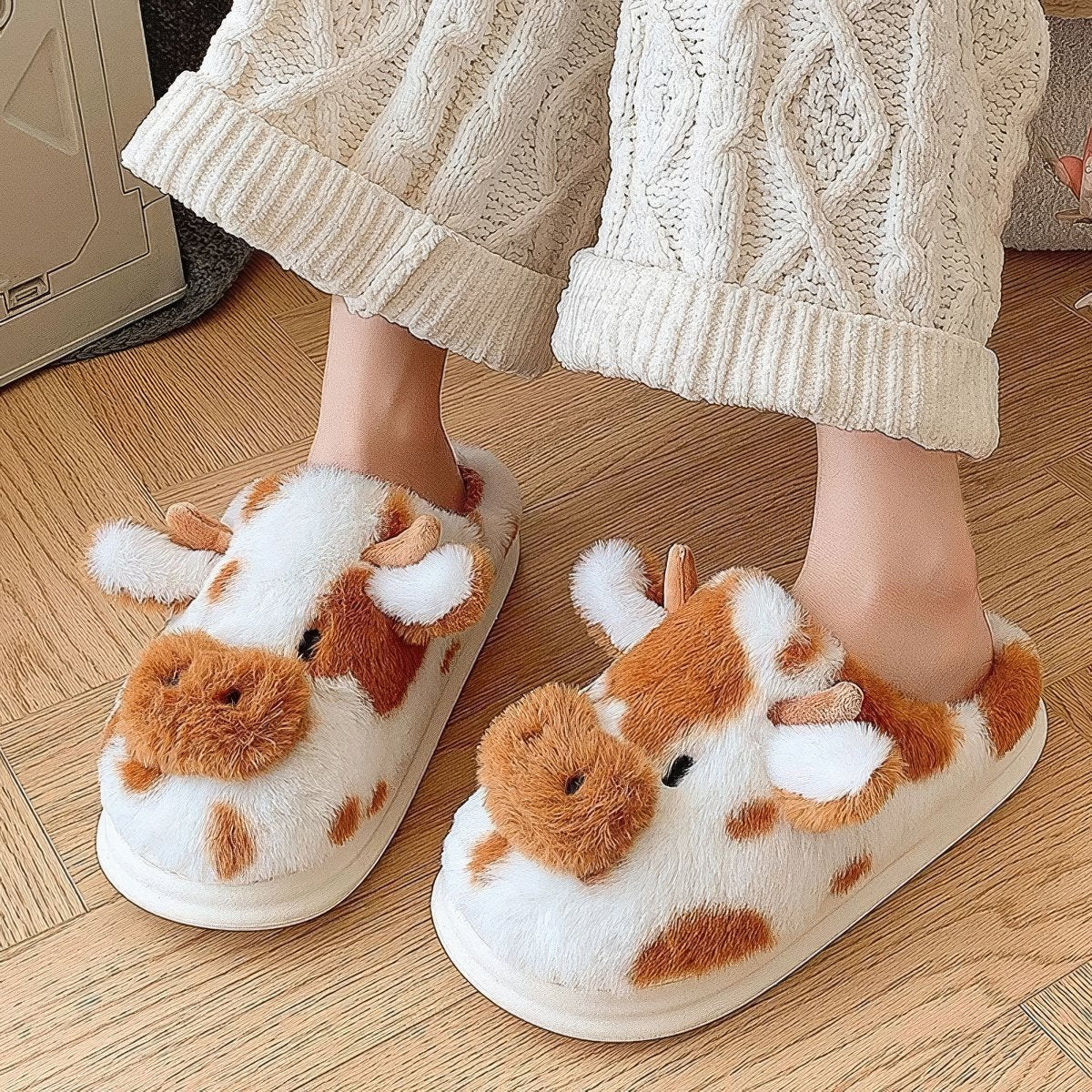 cute and aesthetic furry cow shaped plush house slippers