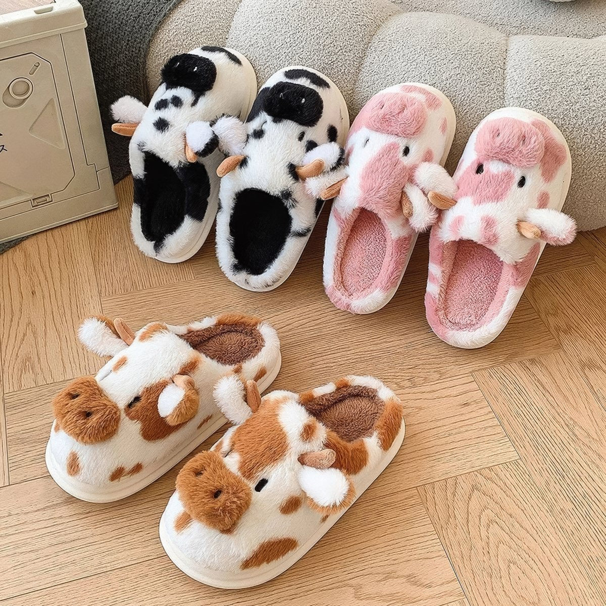 cute and aesthetic furry cow shaped plush house slippers