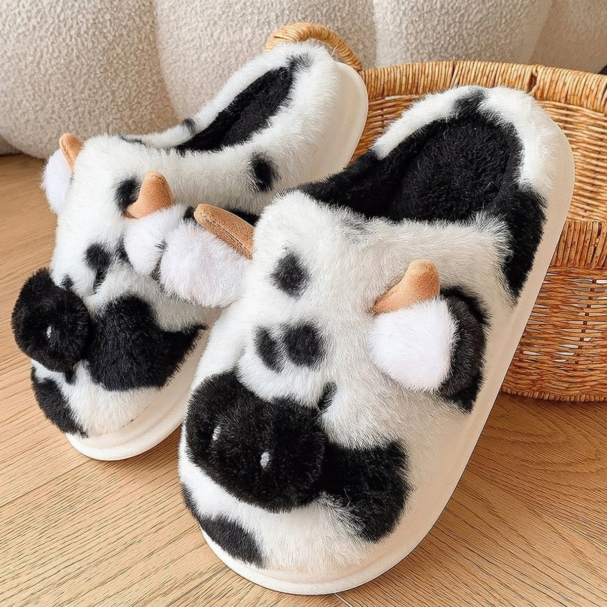 cute and aesthetic furry cow shaped plush house slippers