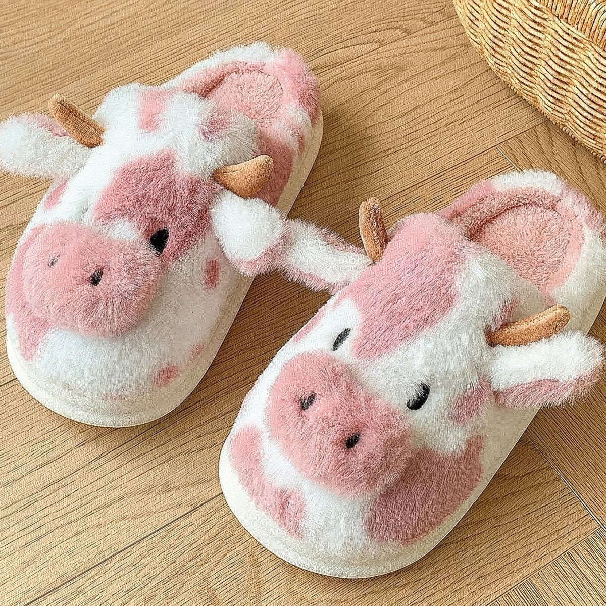 cute and aesthetic furry cow shaped plush house slippers