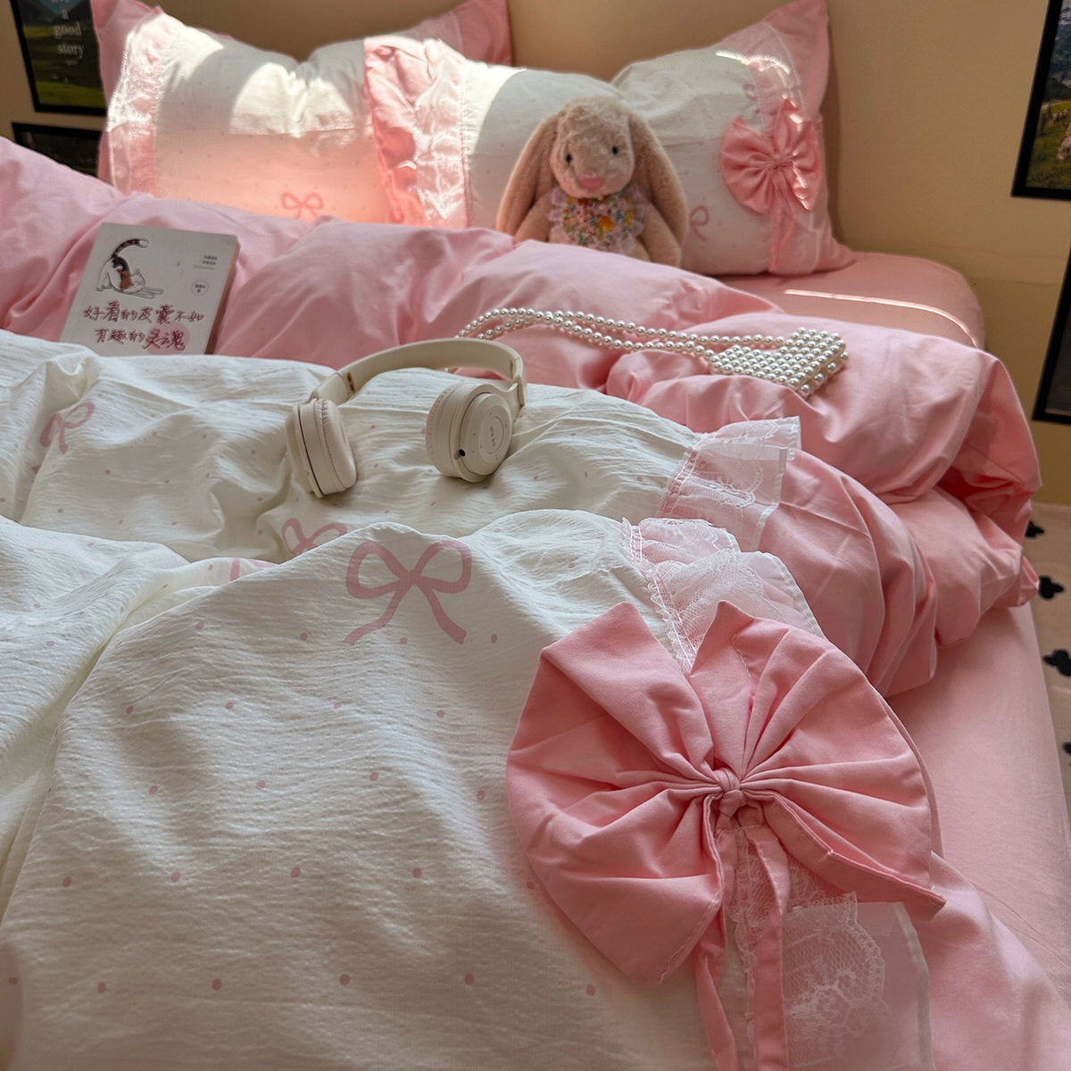 coquette aesthetic lush bedding set with big bow
