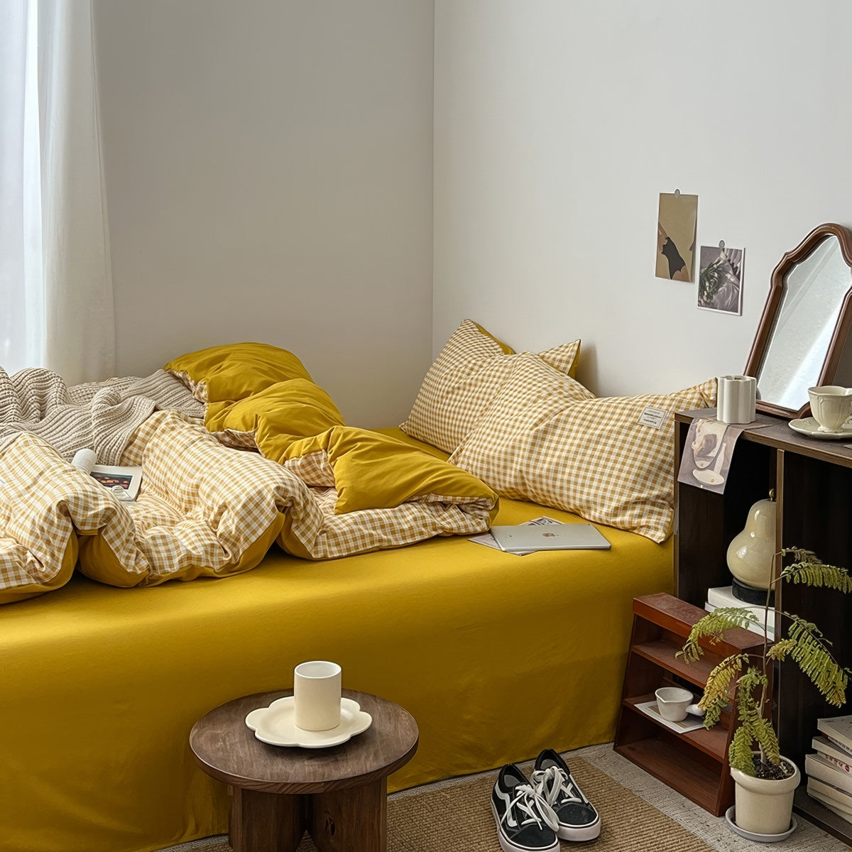 mustard yellow classic gingham print aesthetic bedding duvet cover set