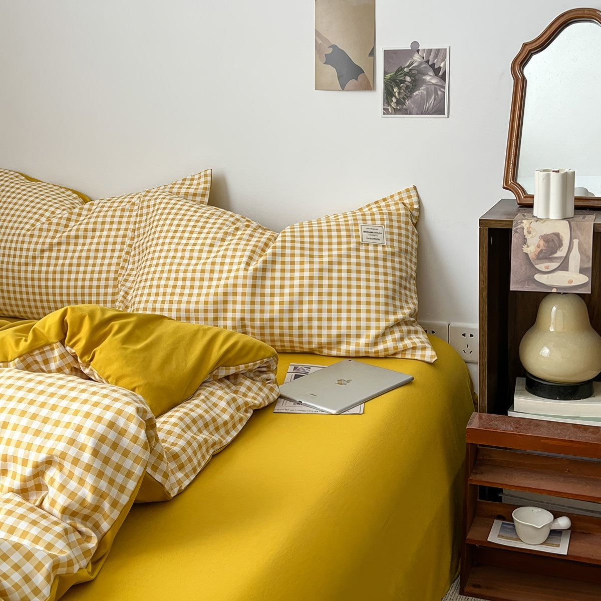 mustard yellow classic gingham print aesthetic bedding duvet cover set