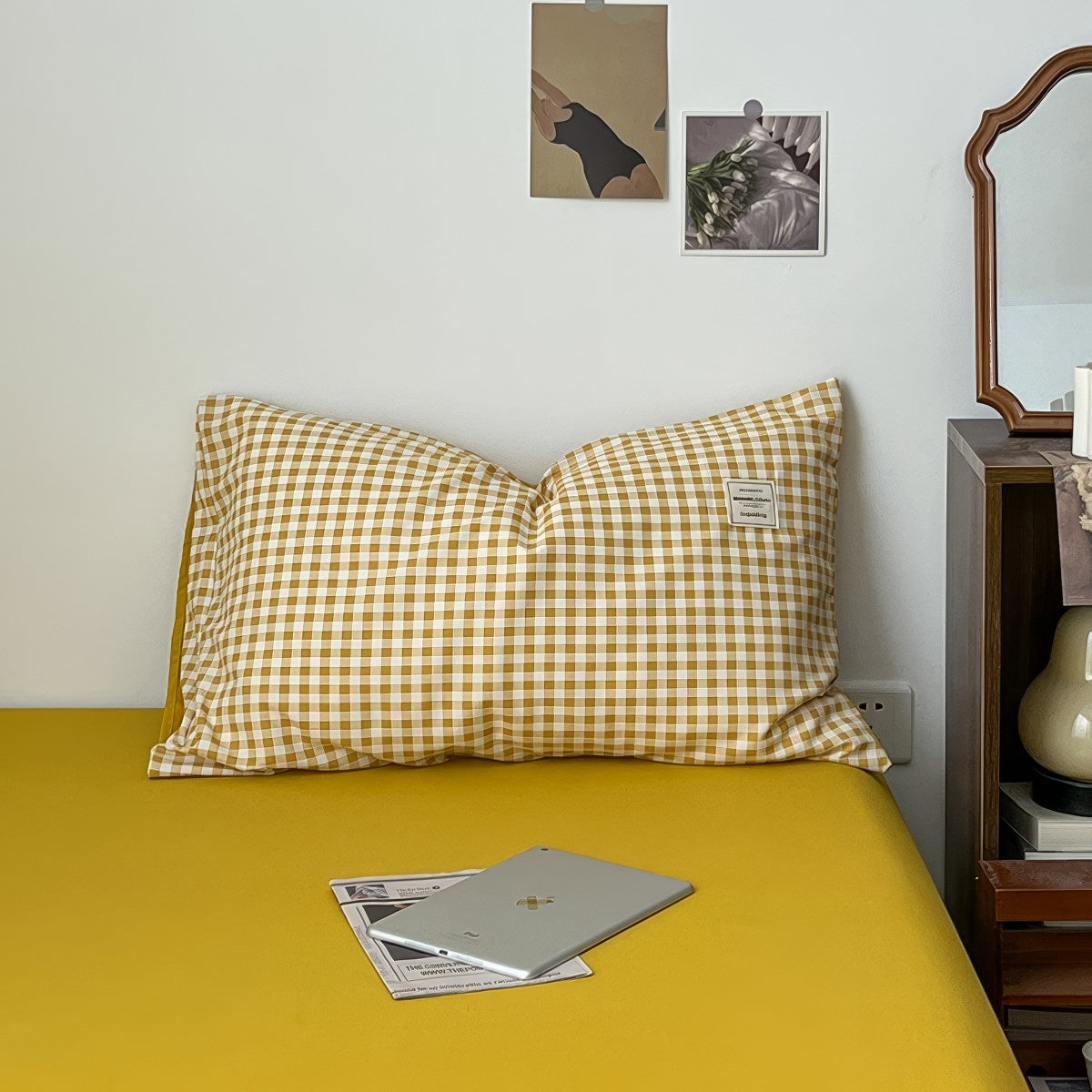 mustard yellow classic gingham print aesthetic bedding duvet cover set