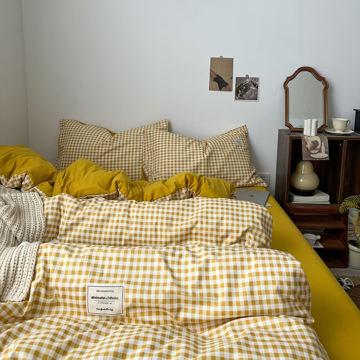 mustard yellow classic gingham print aesthetic bedding duvet cover set