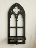 set of three gothic-style black wooden wall display shelf candle holders