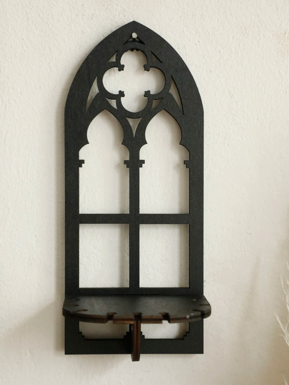 set of three gothic-style black wooden wall display shelf candle holders