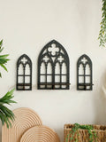 set of three gothic-style black wooden wall display shelf candle holders