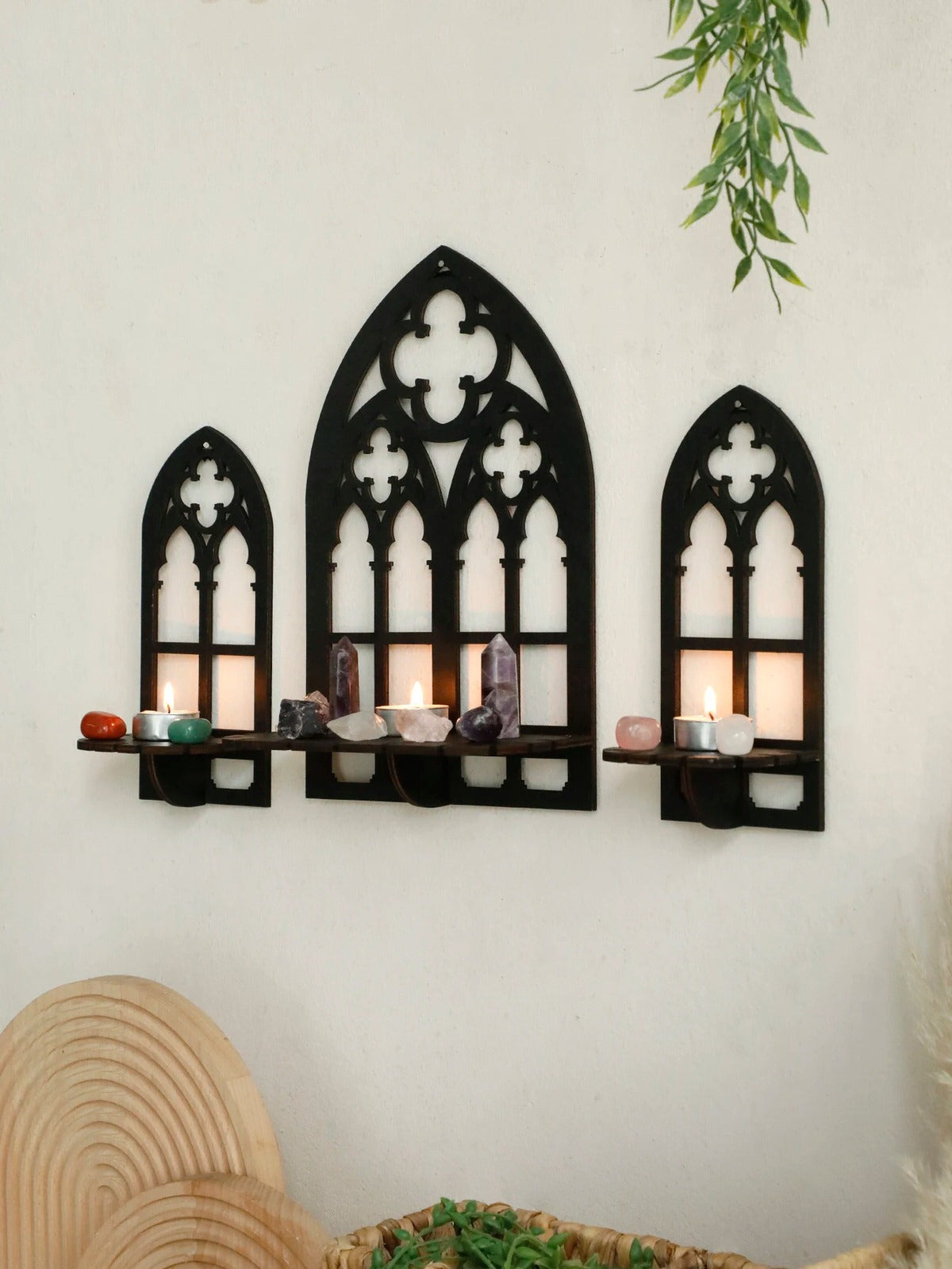 set of three gothic-style black wooden wall display shelf candle holders