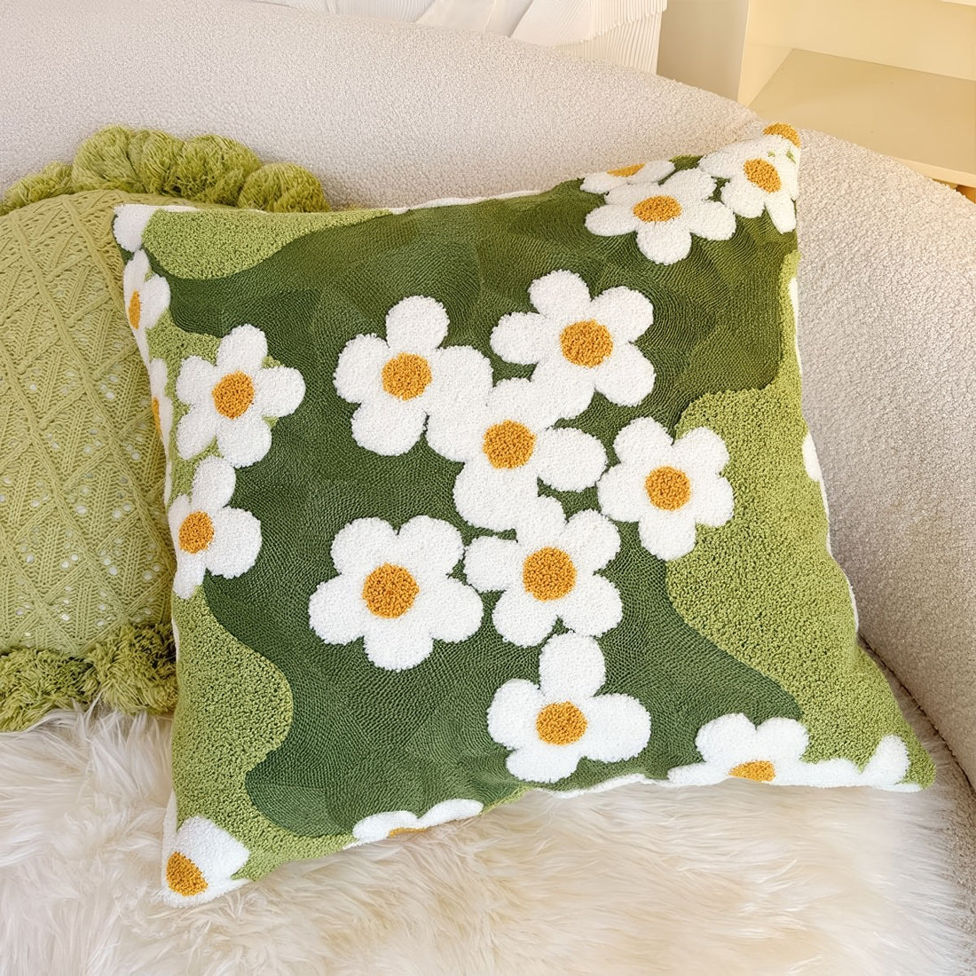 bright green grass and white daisies embroidered cushion cover 