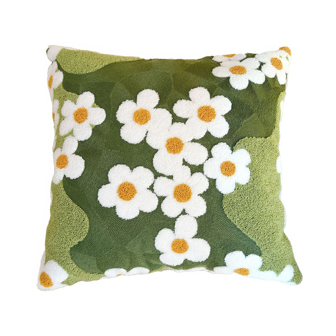 bright green grass and white daisies embroidered cushion cover 