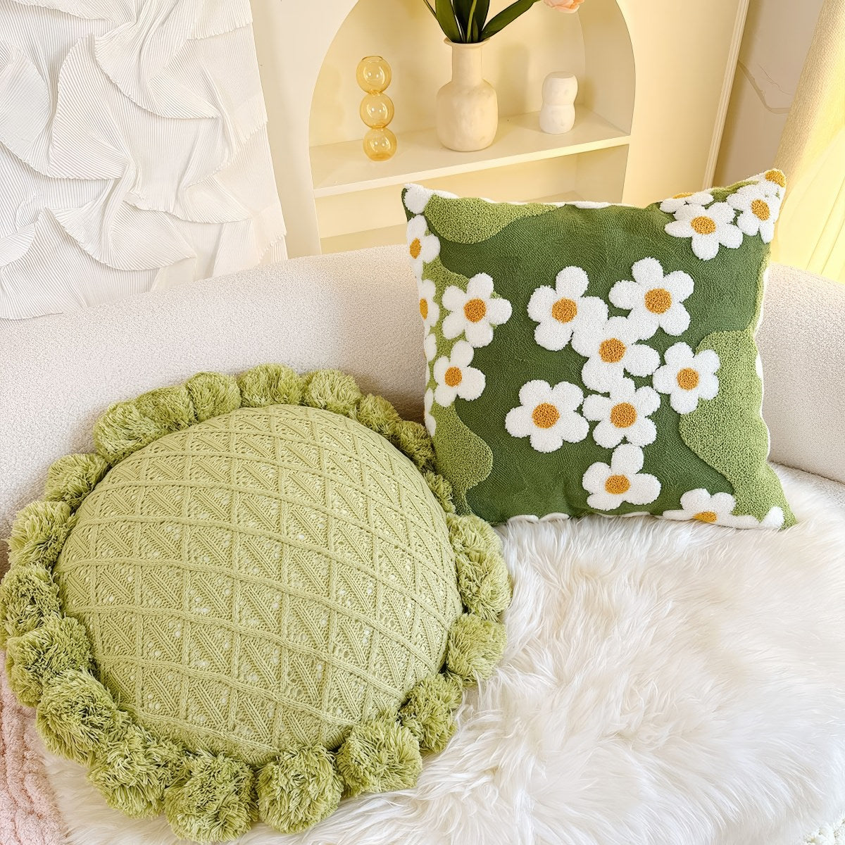 bright green grass and white daisies embroidered cushion cover 