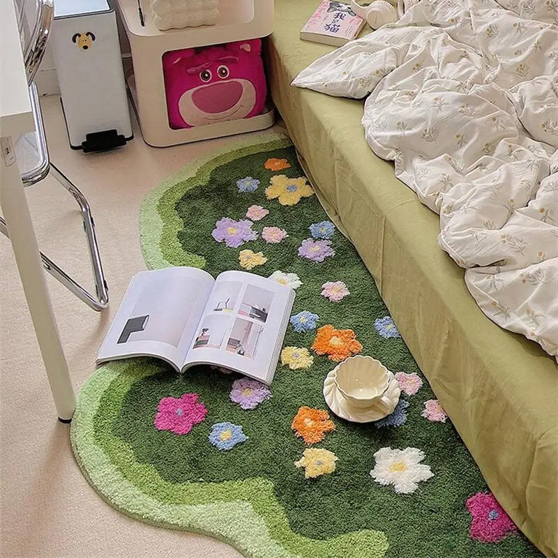 green lawn irregular shaped blooming colorful flowers tufted bedside accent rug