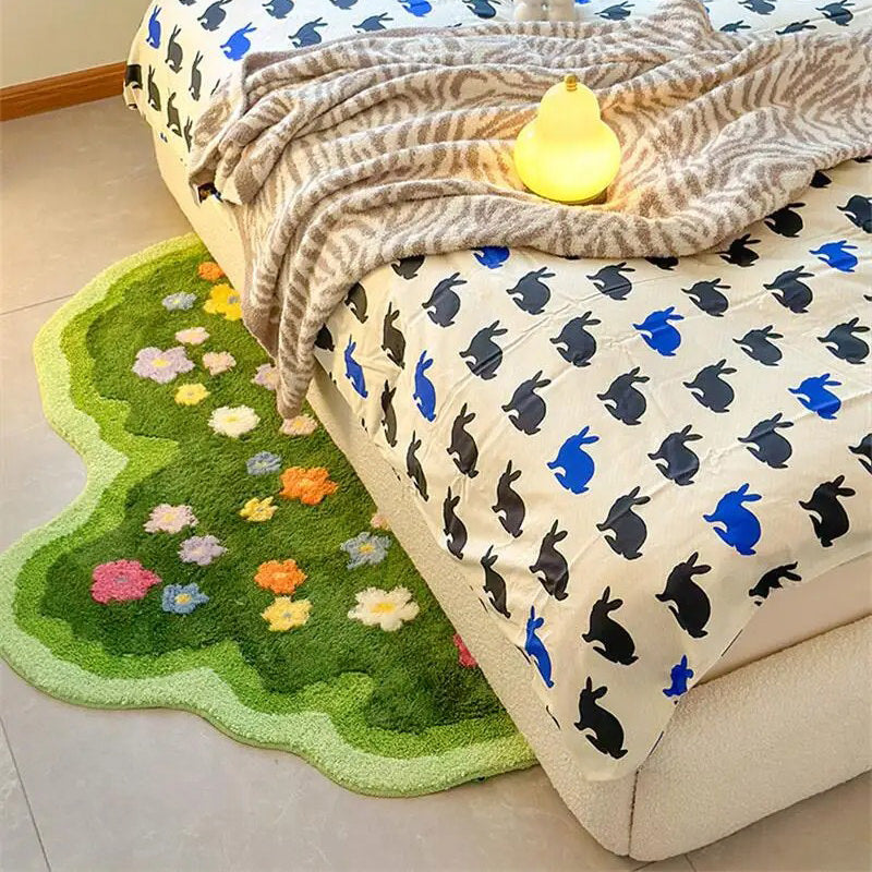 green lawn irregular shaped blooming colorful flowers tufted bedside accent rug