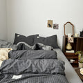 charcoal grey color minimalist aesthetic white grid pattern print duvet cover bedding set