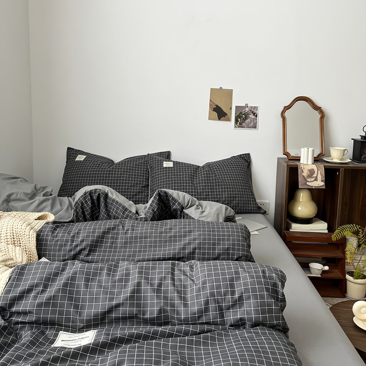 charcoal grey color minimalist aesthetic white grid pattern print duvet cover bedding set