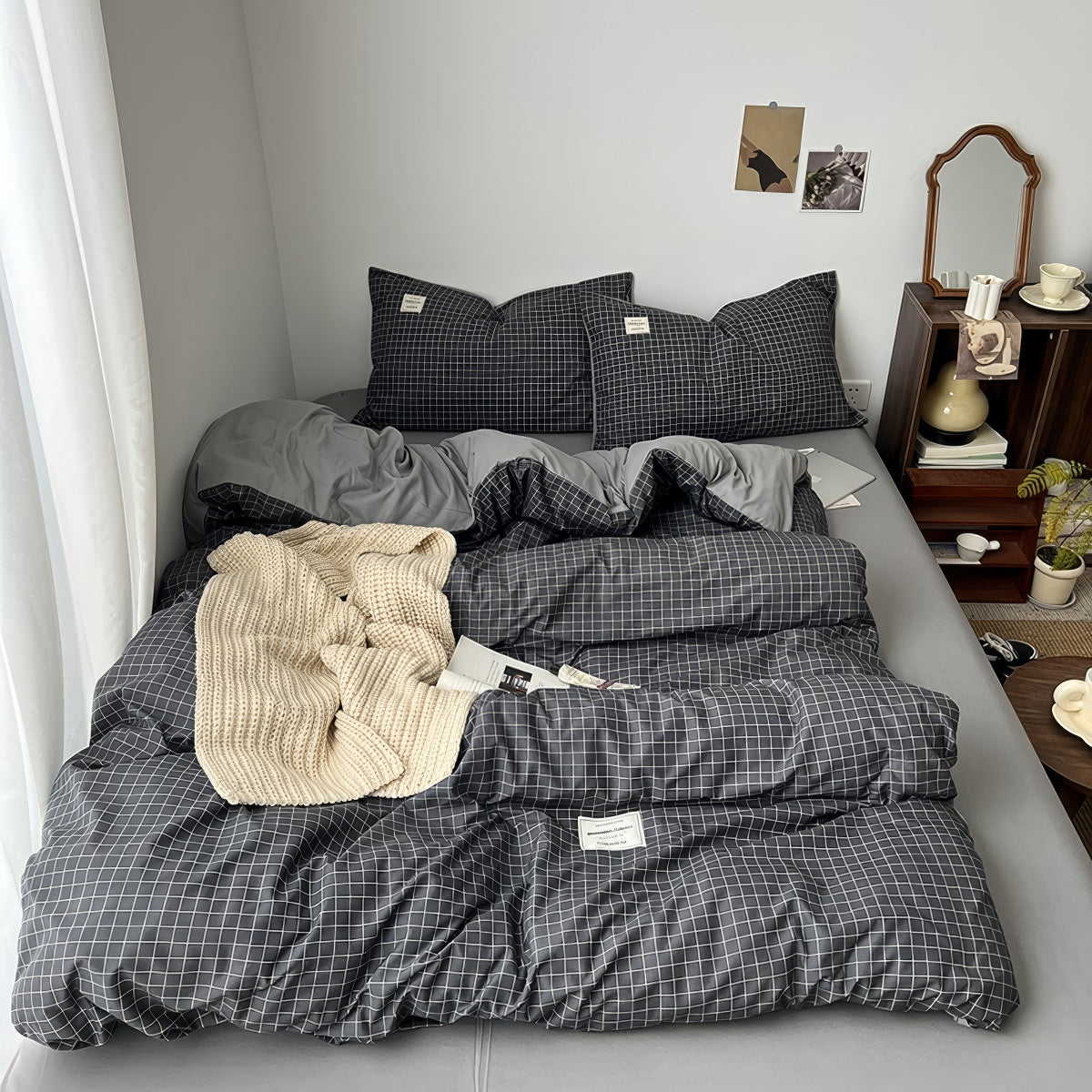 charcoal grey color minimalist aesthetic white grid pattern print duvet cover bedding set