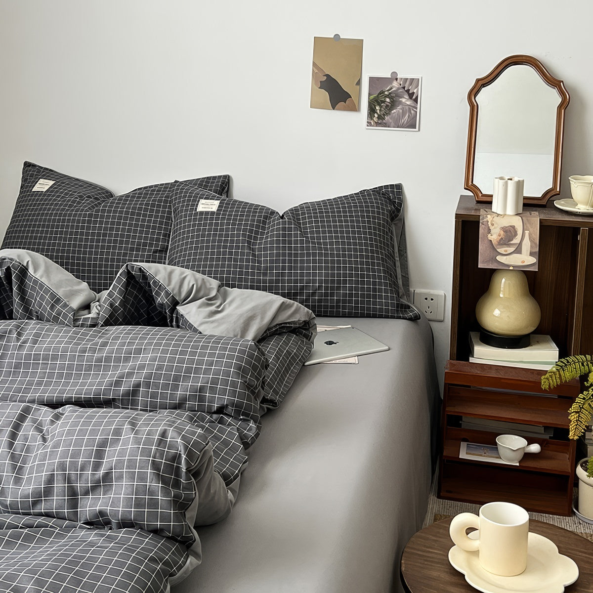 charcoal grey color minimalist aesthetic white grid pattern print duvet cover bedding set