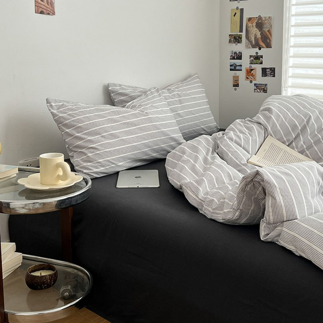 Minimalist grey and white striped duvet cover set with matching pillows and dark flat or fitted sheet set